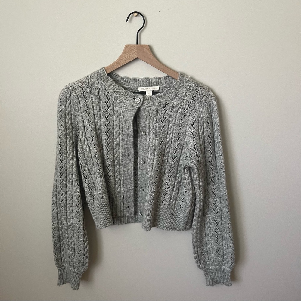 Cute gray knit cardigan with beaded buttons